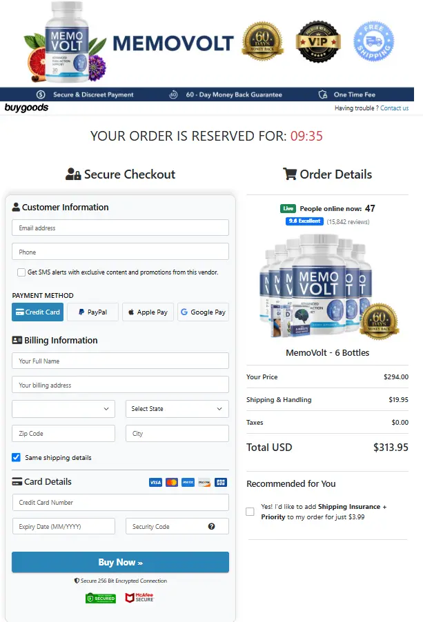 MemoVolt Secure Checkout Page